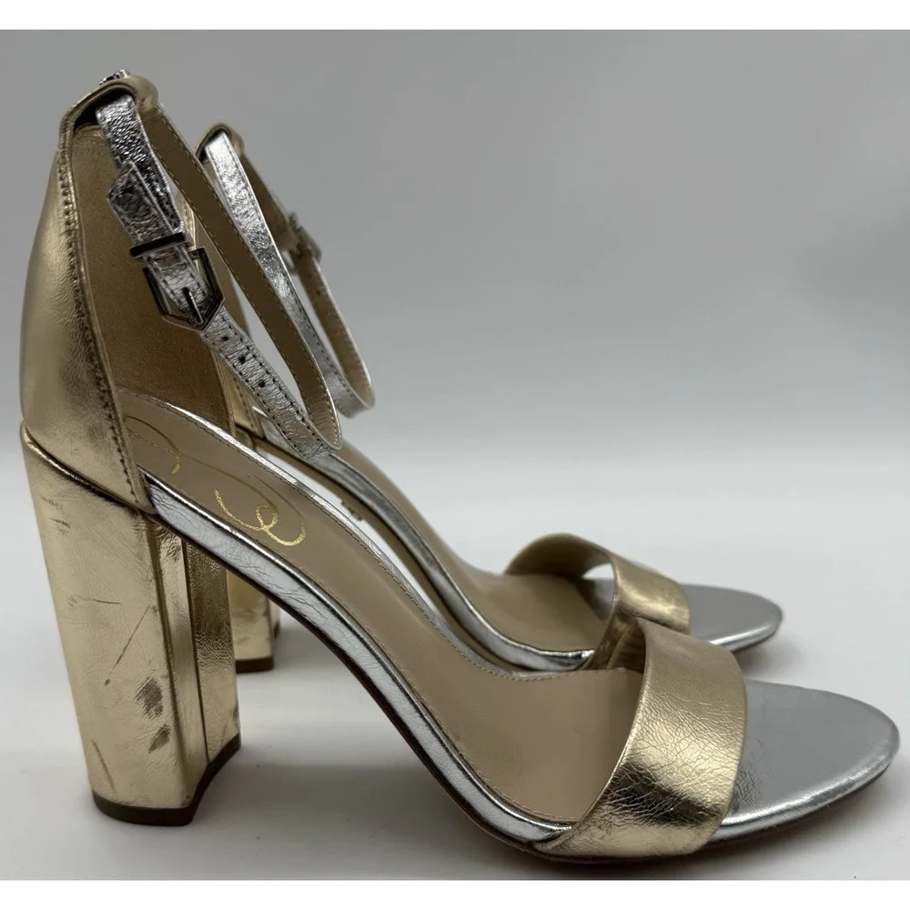 Sam‎ Edelman Yaro Metallic Gold & Silver Ankle Strap Tall Block High Heel Sz 8